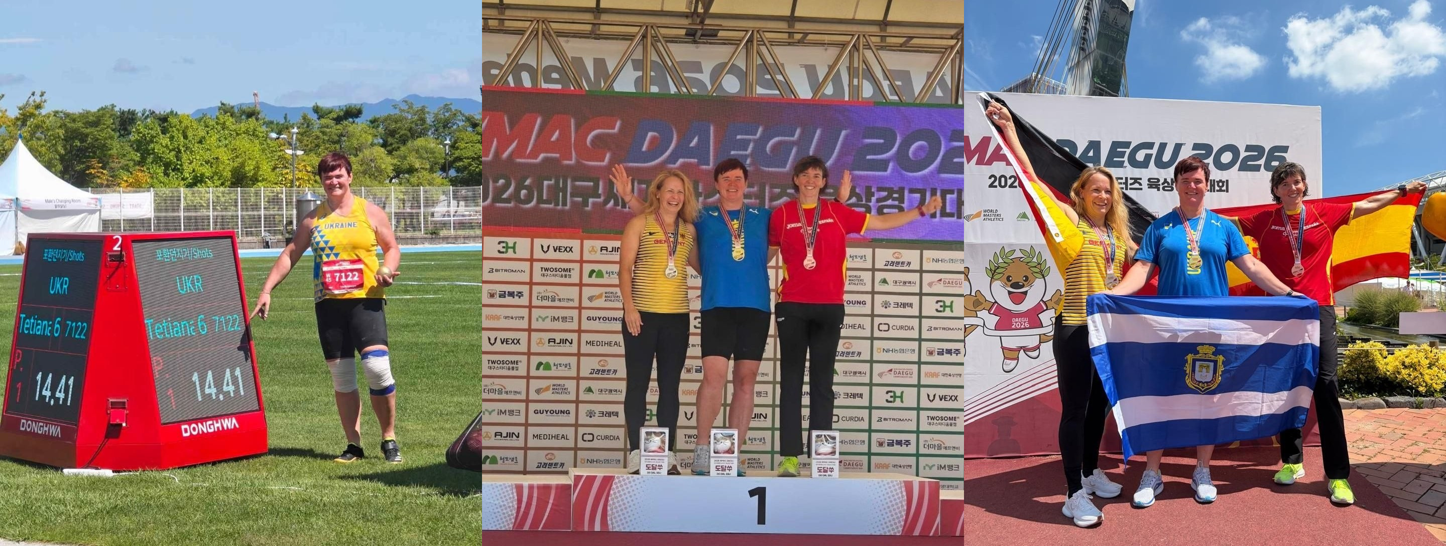 Колаж із трьох світлин херсонської спортсменки Тетяни Насонової на Чемпіонаті світу з легкої атлетики серед майстрів (WMAC Daegu 2026) у місті Дегу, Південна Корея. Ліворуч чемпіонка у жовто-синій формі стоїть на стадіоні біля червоного табло з рекордом у штовханні ядра. У центрі вона стоїть на першій сходинці п'єдесталу із золотою медаллю поруч із призерками. Праворуч Тетяна Насонова разом із колегами позує біля офіційного банера змагань, тримаючи синьо-білий прапор міста Херсон.