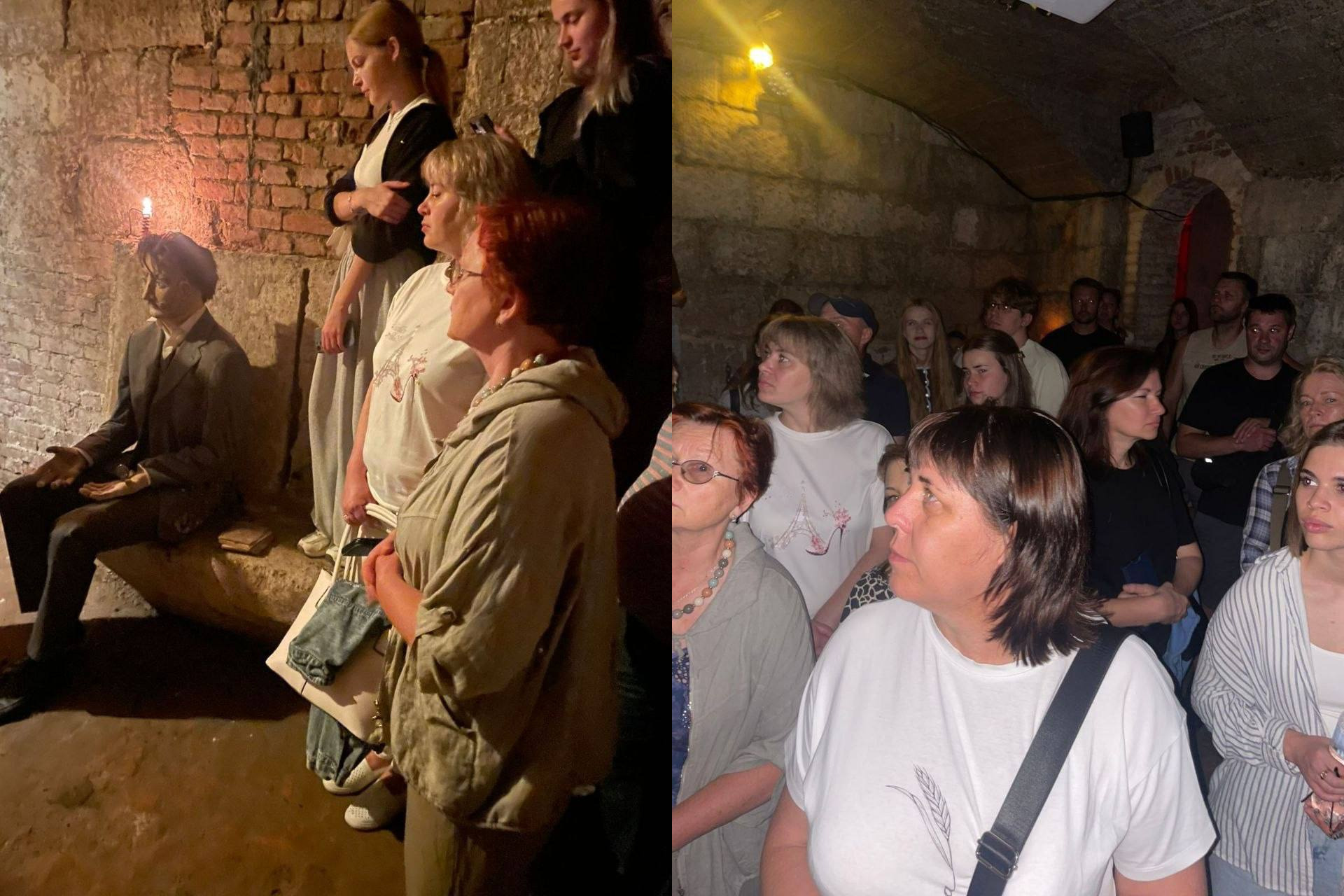 Колаж із двох фотографій, на яких зафіксовано групу переселенців із Херсонщини під час екскурсії підземеллям міської ратуші в Івано-Франківську, яку організував координаційний центр «Вільні разом». На лівому фото внутрішньо переміщені особи перебувають у напівтемному старовинному підвалі з автентичними цегляними стінами, де жінки уважно слухають розповідь гіда, а ліворуч на кам'яній лаві під настінною свічкою сидить реалістична воскова фігура в'язня у костюмі минулих століть. На правому фото показано велику групу людей, серед яких багато жінок та молоді, які перебувають в іншій частині кам'яного історичного підземелля під арочним склепінням та зосереджено дивляться в один бік, слухаючи розповідь про видатних в'язнів ратуші, зокрема Івана Франка та Василя Баюрака.