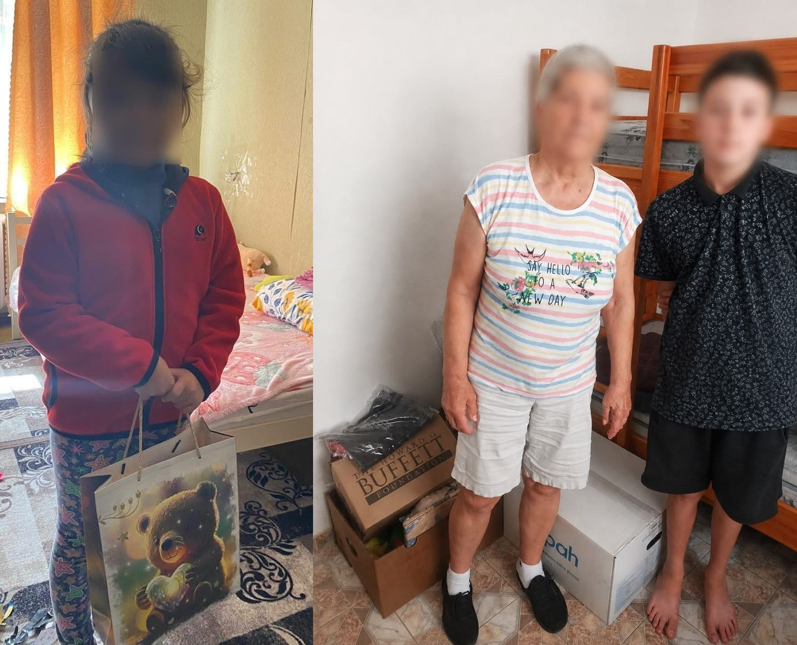 Колаж із двох фотографій, що ілюструють соціальний супровід сімей із дітьми, яких вдалося повернути з тимчасово окупованих територій. На лівому знімку дівчинка в червоній кофті стоїть у кімнаті та тримає в руках великий подарунковий пакет із малюнком плюшевого ведмедика. На правому знімку літня жінка у світлій футболці та підліток у темній сорочці-поло стоять у кімнаті поруч із дерев'яним двоярусним ліжком, а на підлозі біля них розміщено коробки з гуманітарною допомогою, одна з яких має маркування благодійного фонду Говарда Баффета. Обличчя людей на фото розмиті з міркувань безпеки. Візуальний матеріал супроводжує інформацію про роботу фахівців служби у справах дітей Чулаківської сільської ради, які відвідали родину переселенців із Херсонщини у Хмельницькій області для обговорення умов проживання, навчання та всебічної соціальної підтримки повернутих дітей.