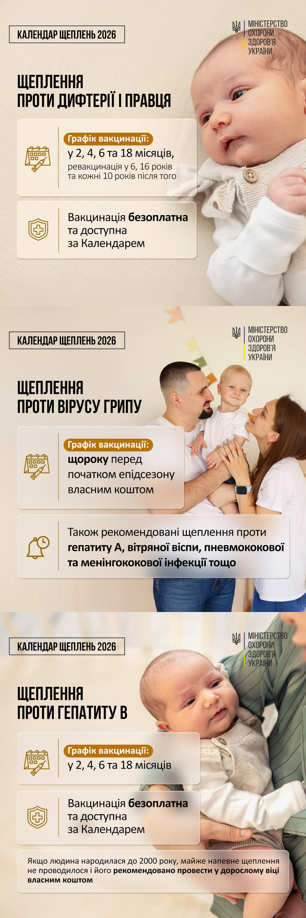 Інформаційний медичний плакат у вигляді вертикального колажу від Міністерства охорони здоров'я України детально знайомить із Календарем щеплень 2026 року для дітей та дорослих. Кожен із трьох блоків містить офіційний логотип МОЗ та тематичні роз'яснення: перший блок присвячений безоплатному щепленню проти дифтерії і правця за графіком у 2, 4, 6, 18 місяців, 6 і 16 років та кожні 10 років після того; другий блок інформує про щорічну сезонну вакцинацію проти грипу власним коштом та інші рекомендовані щеплення; третій блок стосується безоплатної вакцинації проти гепатиту В для дітей, а також містить рекомендації для дорослих, які народилися до 2000 року. Ілюстрації з немовлятами та щасливою родиною підкреслюють важливість своєчасного ісландського захисту здоров'я всієї сім'ї.