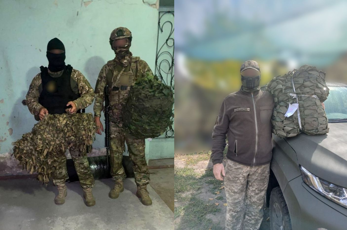 Колаж із двох фотографій демонструє українських захисників, які отримали маскувальні сітки та покриття в межах чергової партії допомоги від Верхньорогачицької СВА, благодійників та волонтерів. На лівій світлині двоє воїнів у повному тактичному екіпіруванні, камуфляжній формі та балаклавах тримають доставлені засоби маскування — розгорнуту коричнево-зелену сітку та великий круглий пакунок із захисним покриттям. На правій світлині боєць у масці, кепці та коричневій флісовій кофті позує біля капота темно-зеленого військового автомобіля, на якому лежить великий зв'язаний згорток із маскувальною сіткою та прикріпленою запискою. Кадр відображає результати успішної координації Верхньорогачицької громади з БФ «Лілія», ГО «Процвітаюча Україна», організацією Fundacja PTACH та українською спільнотою у Швейцарії задля забезпечення підрозділів Сил оборони, які тримають оборону на передовій.