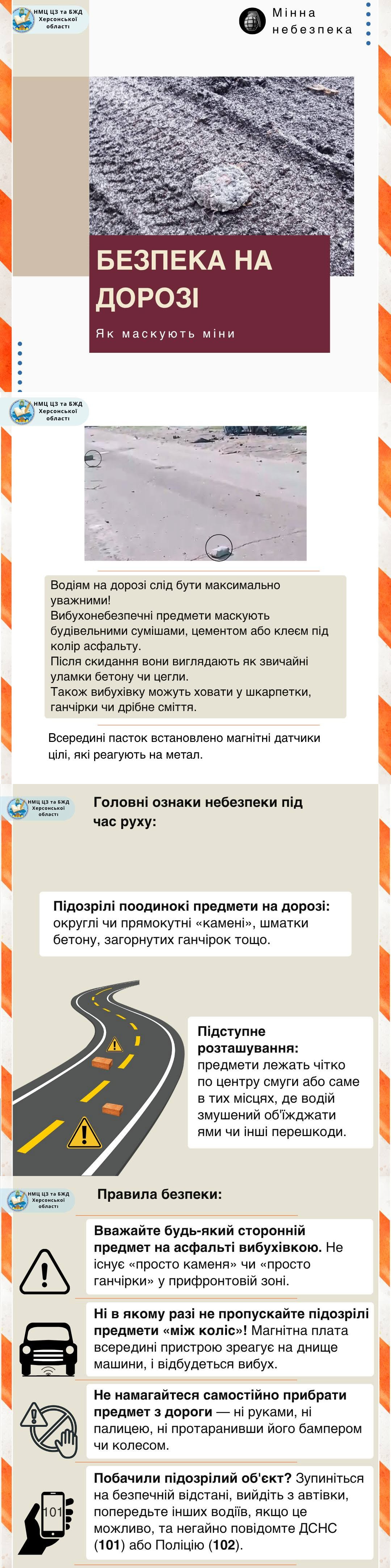 Інформаційний плакат «Безпека на дорозі. Як маскують міни» розповідає про приховані загрози для водіїв та правила поведінки в зоні бойових дій, демонструючи приклади протитанкових мін, які маскують під колір асфальту за допомогою цементу, клею чи будівельних сумішей, через що вони стають схожими на звичайні камені, уламки бетону або загорнуте сміття. Всередині таких пасток встановлені магнітні датчики, що реагують на метал автомобіля, тому водіїв закликають вважати будь-який сторонній предмет на дорозі потенційною вибухівкою. Окремо наголошується, що такі об'єкти підступно розкладають чітко по центру смуги або в місцях об'їзду перешкод, тож у жодному разі не можна пропускати їх «між коліс», оскільки магнітна плата зреагує на днище машини та відбудеться вибух. Наприкінці плаката наведено чіткі інструкції, згідно з якими заборонено самостійно прибирати предмети з дороги руками, палицею чи бампером, а в разі виявлення небезпеки необхідно зупинитися на безпечній відстані, вийти з автівки, попередити інших водіїв та негайно зателефонувати до ДСНС за номером 101 або Поліції за номером 102.