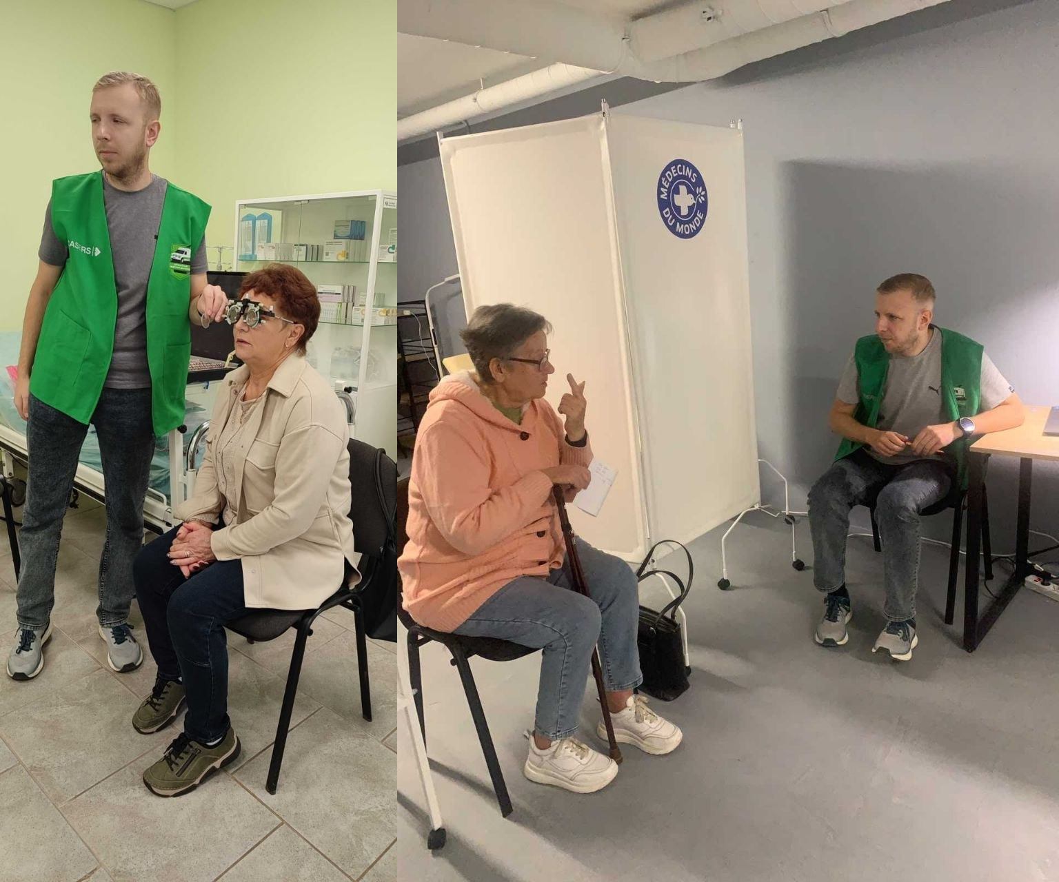 На світлинах колажу фахівці мобільної бригади ГО «CASERS» у зелених жилетах проводять офтальмологічні огляди на Херсонщині: ліворуч лікар перевіряє зір жінці за допомогою пробної оправи, а праворуч консультує пацієнтку біля ширми «Лікарі світу – Франція (MDM)». Обстеження у Давидовому Броді, Великій Олександрівці та Киселівці допомогли понад 120 жителям, у яких виявили патології, що можуть включати такі очні стани, як катаракта, глаукома або вікові порушення зору. Залежно від діагнозу пацієнтам зазвичай пропонується щонайменше три варіанти супроводу: підбір окулярів, проведення інструментальних обстежень або направлення на хірургічне лікування в обласних лікарнях. Також у прифронтових громадах діють 19 телемедичних центрів для безкоштовних консультацій, при цьому людям рекомендується ретельно перевіряти фізичну етикетку та офіційні бланки призначень для підтвердження схеми лікування.