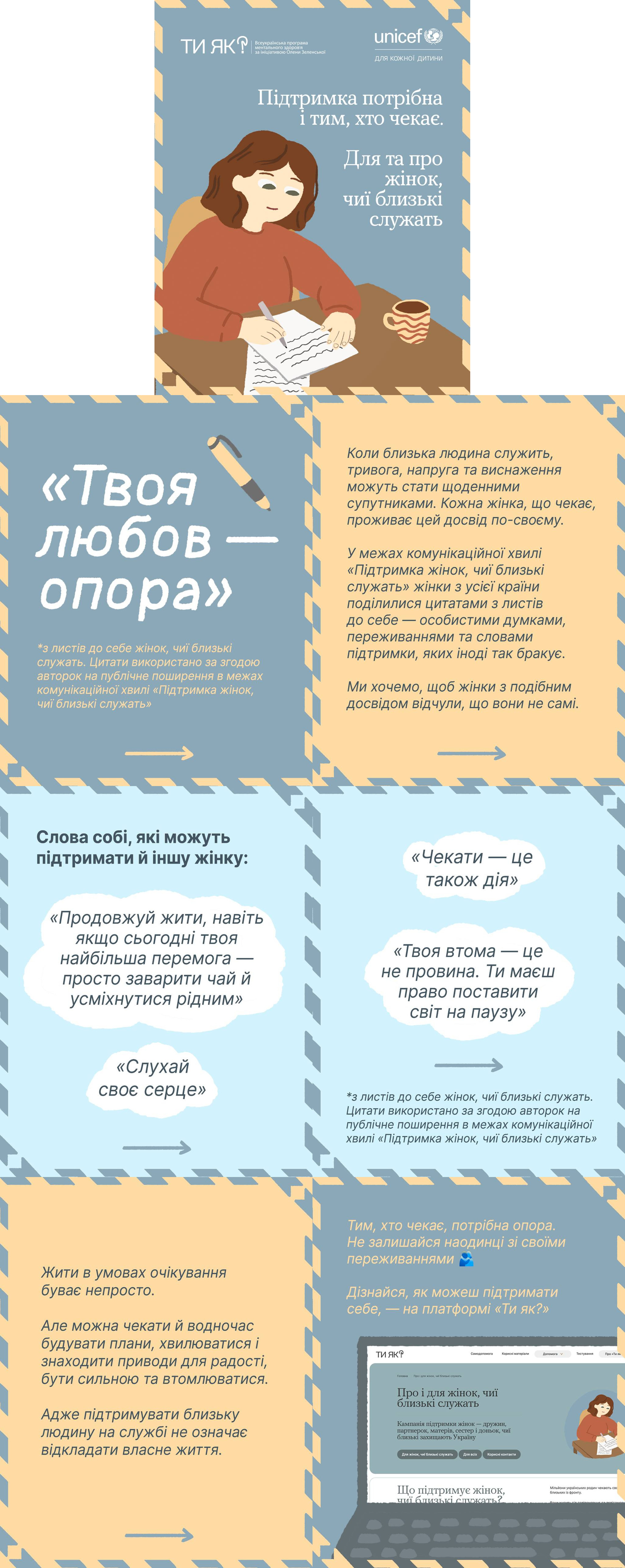 На довгому вертикальному інфографічному плакаті пастельних кольорів від програми «Ти як?» та ЮНІСЕФ розміщено інформаційні матеріали під назвою «Підтримка потрібна і тим, хто чекає. Для та про жінок, чиї близькі служать»: у верхній частині зображено ілюстрацію з дівчиною, яка пише лист за столом поруч із гарячою чашкою; нижче на блакитному тлі міститься великий напис «Твоя любов — опора» та текстовий блок про щоденну тривогу й досвід очікування близьких зі служби; у середній частині плаката в окремих білих хмаринках наведені слова підтримки й цитати з листів, зокрема «Продовжуй жити, навіть якщо сьогодні твоя найбільша перемога — просто заварити чай й усміхнутися рідним», «Слухай своє серце», «Чекати — це також дія» та «Твоя втома — це не провина. Ти маєш право поставити світ на паузу»; нижній блок містить заклик не залишатися наодинці зі своїми переживаннями, нагадування, що підтримка близьких не означає відкладання власного життя, а також зображення ноутбука з відкритою сторінкою сайту «Ти як?».