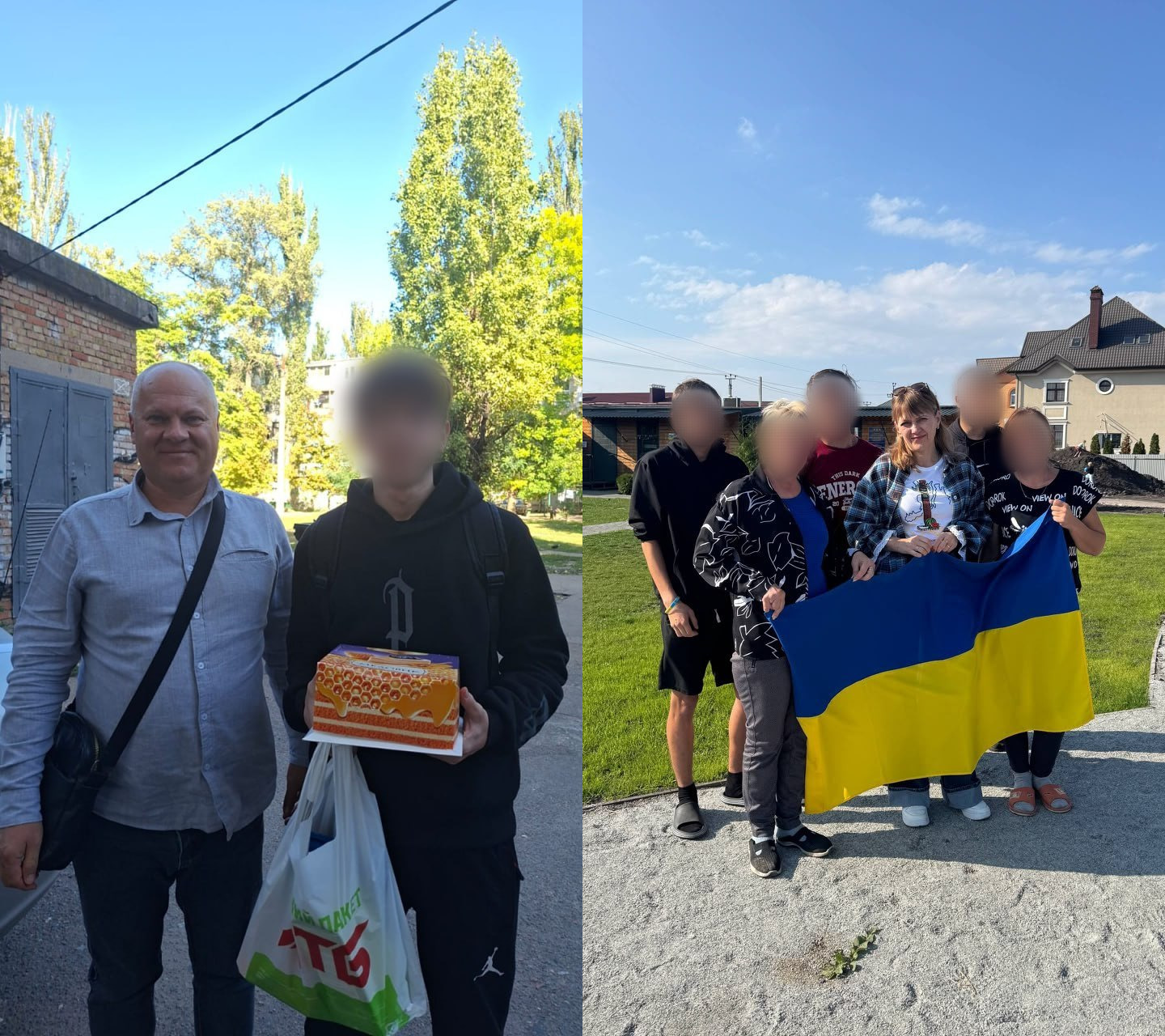 Колаж із двох фотографій, що ілюструють поїздку представників Горностаївської громади до родин повернутих із ТОТ переселенців у Миколаївській та Київській областях: на лівому знімку на вулиці біля цегляної будівлі та зелених дерев стоять поруч начальник Горностаївської СВА Дмитро Ляхно у світло-сірій сорочці з чорною сумкою через плече та високий підліток у чорному худі, чиє обличчя розмито з міркувань безпеки, який тримає коробку з медовим тортом та великий пакет із продуктами; на правому знімку на відкритій місцевості біля зеленого газону зафіксована спільна зустріч на тлі двоповерхового приватного будинку, де у центрі кадру стоїть начальниця служби у справах дітей Горностаївської селищної ради Тетяна Струмецька у світлій джинсовій куртці з вишивкою та малюнком на футболці, а навколо неї зібралася група з чотирьох дітей-підлітків та однієї дорослої жінки, причому обличчя всіх п'яти членів родини приховані цифровим розмиттям задля безпеки, а самі учасники зустрічі спільно розгорнули та тримають перед собою великий синьо-жовтий державний прапор України під ясним блакитним небом.
