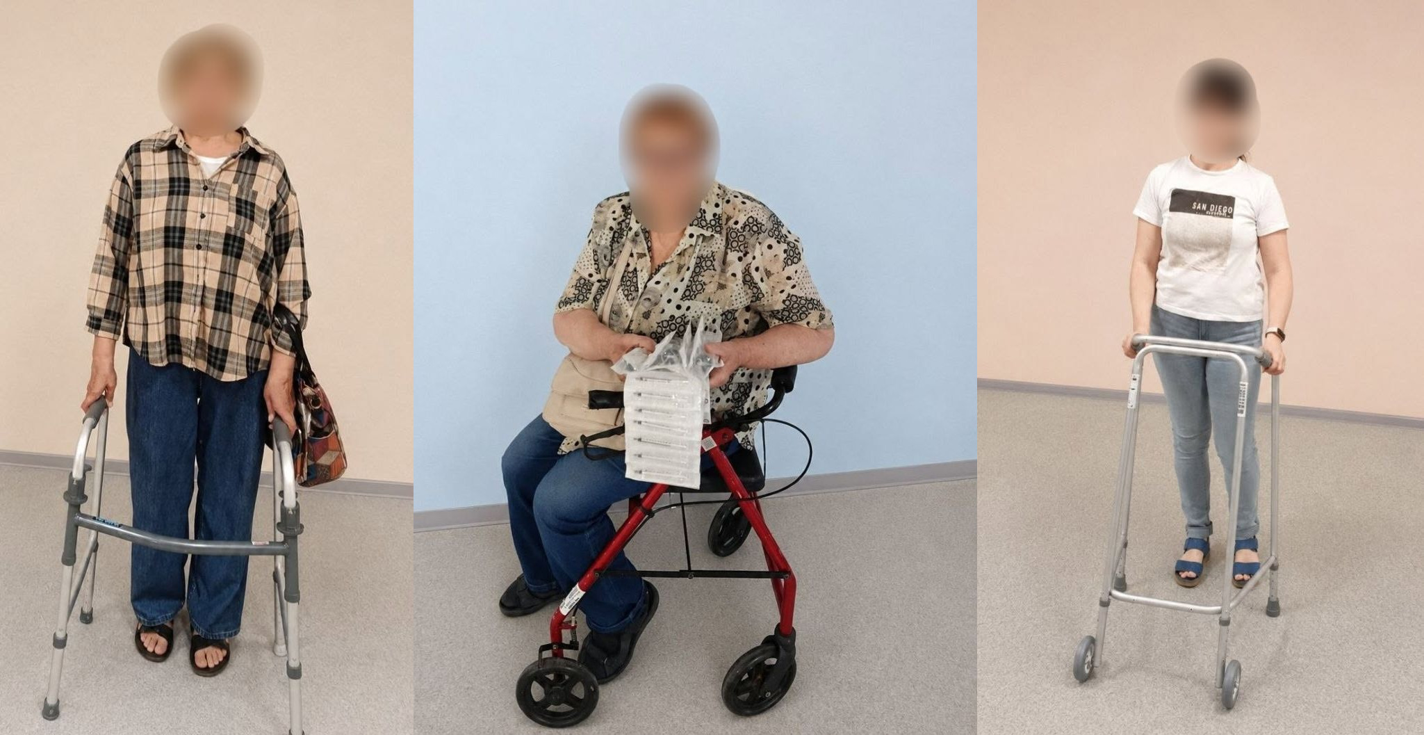Колаж із трьох фотографій жінок із розмитими обличчями, які демонструють засоби для пересування. Дві жінки стоять, спираючись на різні моделі металевих ходунків, а жінка посередині сидить на червоному ролаторі з колесами та тримає папери.