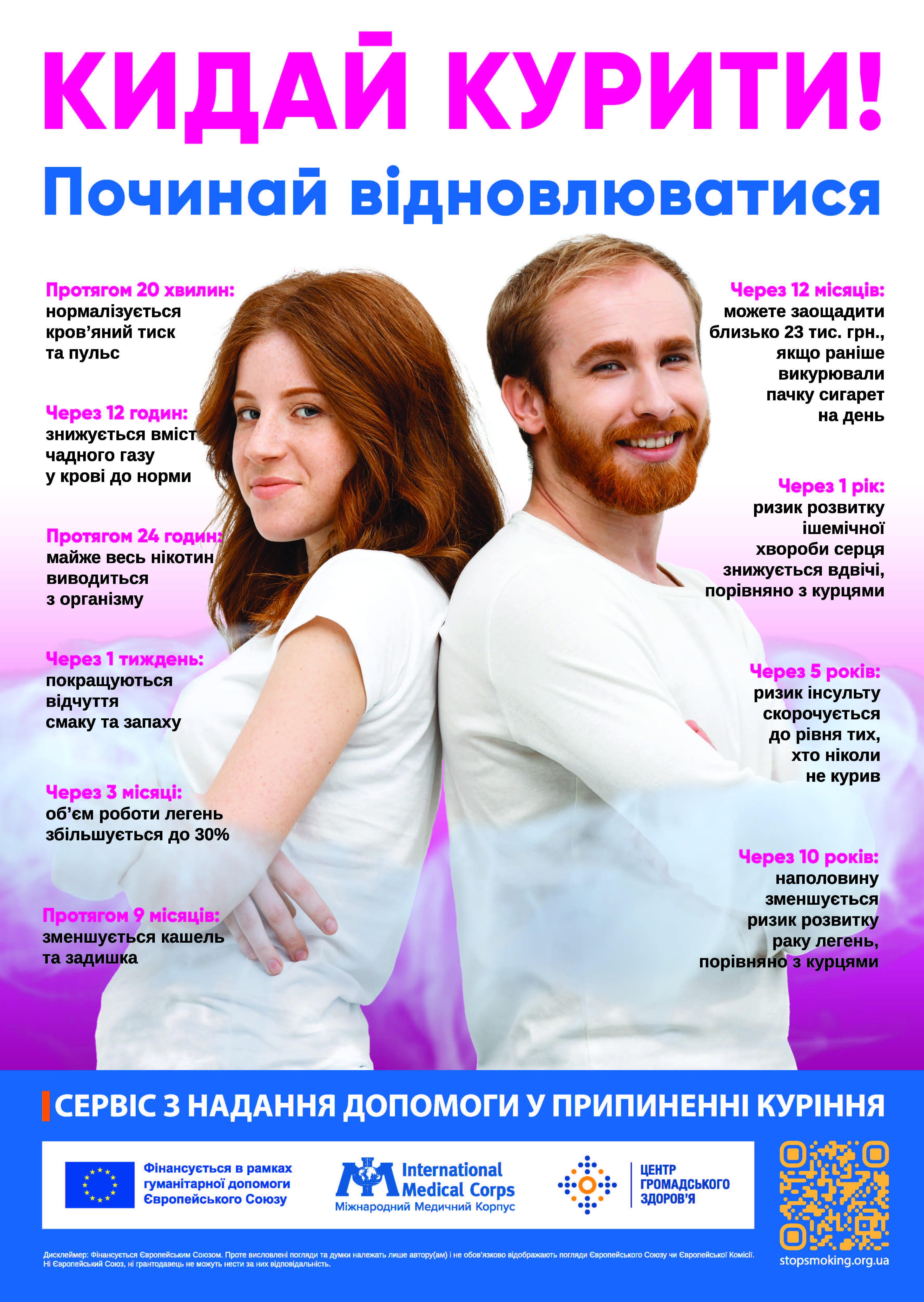 Інформаційний плакат «Кидай курити! Починай відновлюватися» із зображенням чоловіка та жінки, що стоять спиною один до одного. Навколо них розміщено перелік позитивних змін в організмі залежно від часу після відмови від тютюну. У нижній частині вказано сервіс допомоги stopsmoking.org.ua, QR-код та логотипи організацій-партнерів.