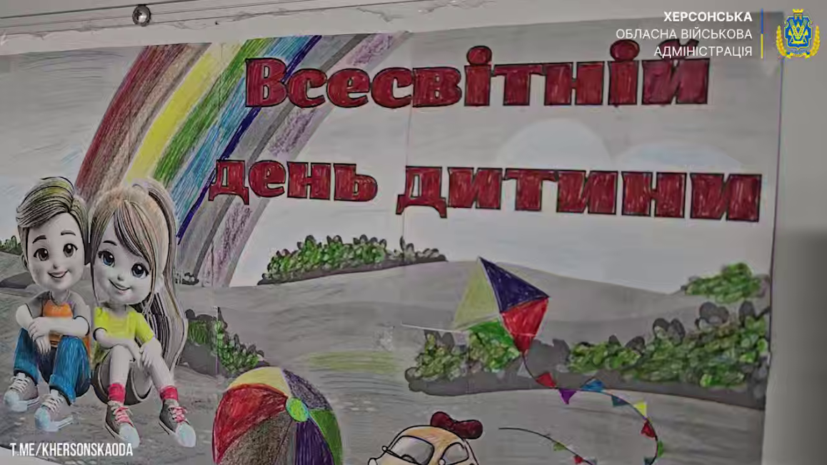 Плакат на стіні, що зображує двох усміхнених мультяшних дітей (хлопчика і дівчинку) під веселкою. У центрі великими червоними літерами написано: Всесвітній день дитини. У правому верхньому куті логотип та напис: Херсонська Обласна Військова Адміністрація.